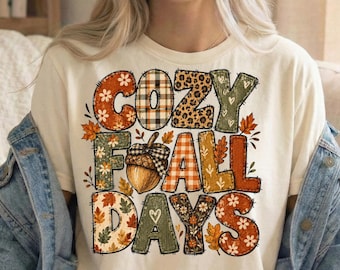 Cozy Fall Days Shirt, Autumn Patchwork Lettering Tee, Retro Thanksgiving Tshirt, Cozy Fall Outfit Aesthetic, Fall Gift For Her