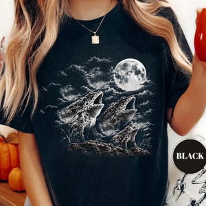 May include: A black short-sleeved t-shirt featuring a graphic print of three frogs sitting on a rocky surface under a large full moon and cloudy night sky. The shirt has a round neckline and a small circular label that says BLACK.