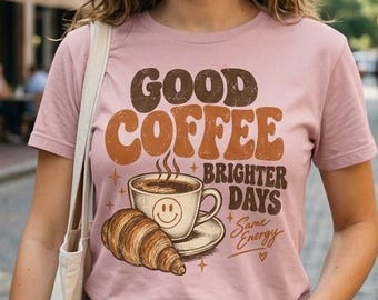Retro Coffee Shirt, Vintage Bakery Croissant Graphic Tee, Coffee Lover Tshirt, Groovy Morning Aesthetic Top, Barista Gift