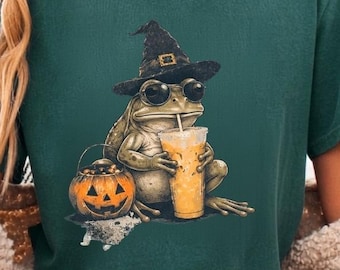 Frog Witch Hat Halloween Shirt, Spooky Iced Coffee Cottagecore Tee