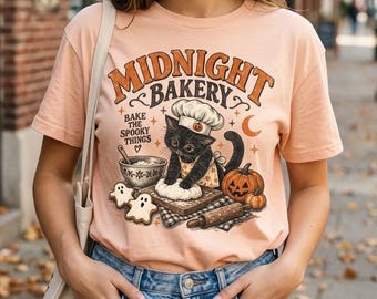 Camiseta de Halloween con diseño de gato panadero, camiseta vintage de panadero con gato negro, camiseta de otoño con temática de repostería espeluznante, idea de regalo para panaderos, estampado otoñal acogedor.