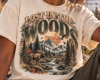 Lost In The Woods Shirt, Vintage Moose Nature Tee, Retro National Park Tshirt, Mountain Forest Wildlife Graphic, Outdoorsy Hiker Gift