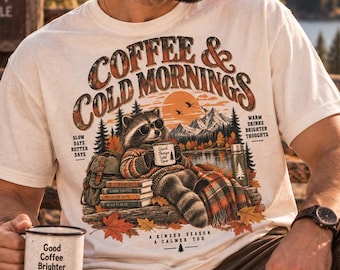 Cozy Raccoon Coffee Shirt, Autumn Camping Mountain Graphic Tee, Nature Lover Hiking Sweatshirt, Fall Outdoor Wildlife Graphic