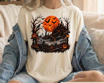 Vintage Halloween Shirt, Haunted Castle Graveyard Tee, Spooky Season Goth Tshirt, Retro Horror Pumpkin Graphic, Witchy Vibes Top