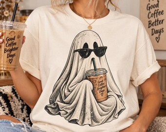 Ghost Coffee Shirt, Funny Iced Coffee Lover Tee, Spooky Season Halloween Tshirt, Cool Sunglasses Graphic, Barista Fall Gift