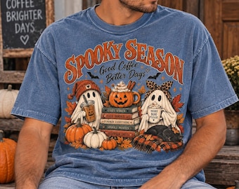 Spooky Season Ghost Shirt, Cozy Fall Bookish Coffee Tee, Cute Halloween Book Lover Tshirt, Autumn Pumpkin Graphic, Retro Reader Gift