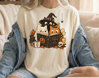 Bookish Cat Halloween Shirt, Spooky Book Lover Witchy Tee, Cute Reading Ghost Cats Tshirt, Cozy Fall Graphic, Bookworm Gift
