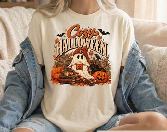 Cozy Halloween Shirt, Cute Ghost Coffee Tee, Fall Autumn Reader Sweatshirt, Spooky Cat Graphic Tshirt, Pumpkin Lover Gift