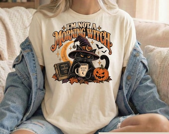 Camiseta "No soy una bruja mañanera", camiseta divertida de gato para Halloween, camiseta gráfica "Amante del café gruñón", sudadera sarcástica de otoño, regalo para la temporada de Halloween