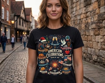 American Celebrations collage T-shirt | patriotic fireworks, holiday icons
