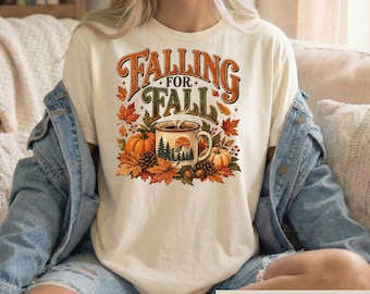 Falling For Fall Shirt, Cozy Autumn Graphic Tee, Fall Coffee Lover Tshirt, Vintage Pumpkin Leaves Sweatshirt, Cute Thanksgiving Gift