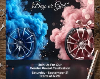 Burnouts or Bows Gender Reveal Baby Shower Invitation, Boy or Girl, He or She Gender Reveal Invite, Burnouts or Bows Invitation,
