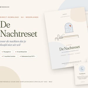 May include: A digital document titled De Nachtreset featuring a line drawing of a bed and window, accompanied by two small cards with moon and document icons, all set against a cream background with soft blue and beige abstract shapes.