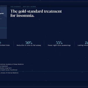 以下が含まれることがあります： The CBT-I Sleep Program: The gold-standard treatment for insomniaと題された濃紺のインフォグラフィック。100件以上のランダム化比較試験、入眠時間の50%短縮、夜間の覚醒回数の55%減少、治療後24ヶ月の持続的な結果が記載されています。