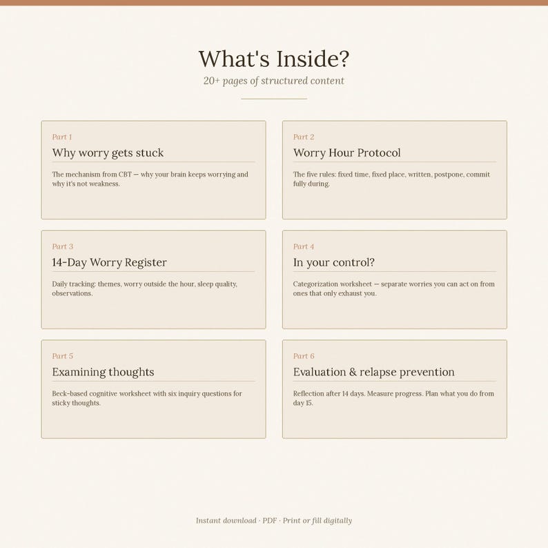 Puede incluir: Un documento digital titulado What's Inside? que contiene m&aacute;s de 20 p&aacute;ginas de contenido estructurado. Describe seis partes: Why worry gets stuck, Worry Hour Protocol, 14-Day Worry Register, In your control?, Examining thoughts y Evaluation & relapse prevention.