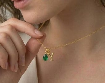 Minimale elegante 18K zilveren of gouden druppel geboortesteen letter bedelketting sieraden, eerste ketting, cadeau voor haar, cadeau vriendin