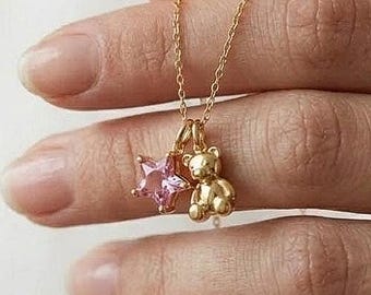 Minimale sierlijke 18K gouden of zilveren beer ster geboortesteen bedel sieraden, dierenketting, cadeau voor haar, gummybeerketting