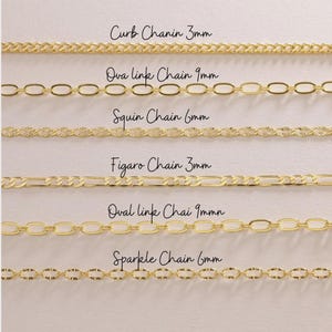 May include: A collection of gold-colored chain necklaces in various styles, including curb, oval link, and figaro chains. Each chain is labeled with its style and width in millimeters. The chains are displayed against a light background.