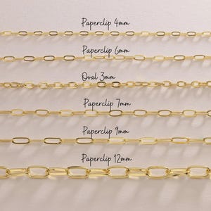 May include: A selection of gold-colored chain necklaces with varying link styles and sizes. The image displays chains labeled 'Paperclip 4mm', 'Paperclip 6mm', 'Oval 3mm', 'Paperclip 7mm', 'Paperclip 9mm', and 'Paperclip 12mm'.