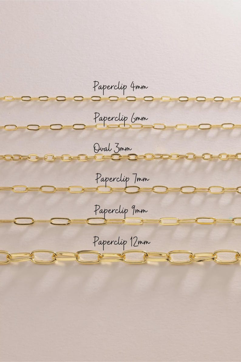 May include: A selection of gold-colored chain necklaces with varying link styles and sizes. The image displays chains labeled 'Paperclip 4mm', 'Paperclip 6mm', 'Oval 3mm', 'Paperclip 7mm', 'Paperclip 9mm', and 'Paperclip 12mm'.
