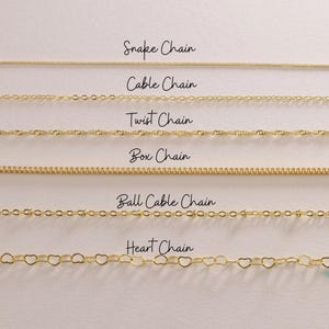 May include: A selection of gold-colored chain necklaces, each with a unique design. The image displays six different chain styles: Snake, Cable, Twist, Box, Ball Cable, and Heart chains. The names of the chain styles are written above each chain.
