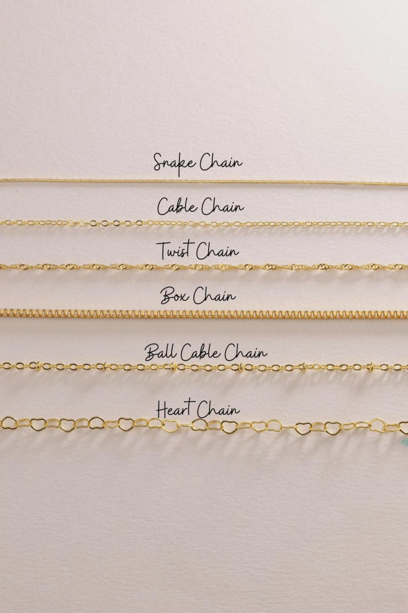 May include: A selection of gold-colored chain necklaces, each with a unique design. The image displays six different chain styles: Snake, Cable, Twist, Box, Ball Cable, and Heart chains. The names of the chain styles are written above each chain.