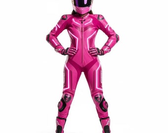 Women’s Pink Printed Leather Racing Suit | Handmade Motorcycle Track Riding Gear