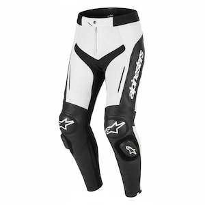 May include: White and black motorcycle trousers with the brand name "Alpinestars" printed on the side. The trousers have black accents and knee pads with a star logo. The trousers are made of leather and have a mesh panel on the front.
