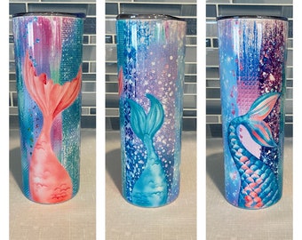 20 oz sublimation skinny tumbler cup with lid and straw, mermaid, tumbler and water glasses, cold drink cup, personalized cup for her