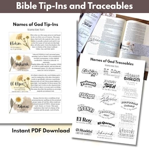 May include: A set of printable Bible tip-ins and traceables featuring the Names of God. The tip-ins include floral illustrations and descriptive text for Elohim, Yahweh, El Elyon, and Adonai. The traceables sheet displays various names like Jehovah Jireh and El Shaddai in diverse fonts.