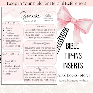 May include: Bible tip-in inserts with a coquette aesthetic. The inserts include summaries, main events, and characters from Genesis. The text reads "Keep In Your Bible for Helpful Reference!" and "All 66 Books + More!"