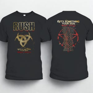 R.u.s.h Fifty Something Tour 2026 Scenlogotyp T-shirt, Nordamerika fram- och baksida grafik (nytryck)