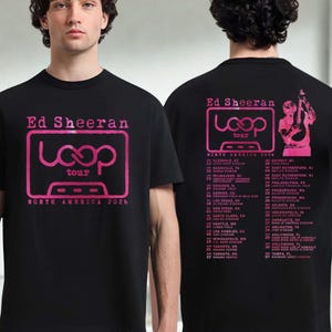 エド・シーラン 2026年北米ループツアーTシャツ、前面・背面コンサートスケジュールとギターカセットのグラフィック
