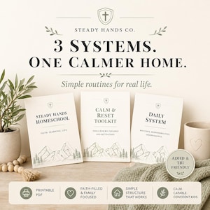 Peut inclure: L'image présente trois livrets : "Steady Hands Homeschool", "Calm & Reset Toolkit" et "Daily System". Le texte principal est "3 Systèmes. Une Maison Plus Calme. Des routines simples pour la vraie vie." avec des illustrations de montagnes et "ADHD & TBI Friendly."