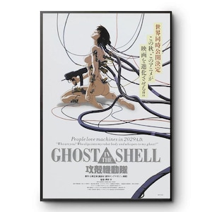 Può includere: Un poster del film Ghost in the Shell con una figura inginocchiata dai capelli scuri, collegata a numerosi cavi neri. La figura impugna un'arma da fuoco nera. Il testo include "People love machines in 2029 A.D." e caratteri giapponesi in giallo e nero.