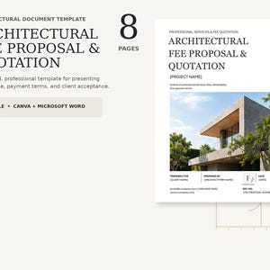 以下が含まれることがあります： 8ページの建築料金提案および見積書ドキュメントテンプレート。レイアウトは白地に黒のテキストで構成されており、プロジェクト名、サービス、料金、クライアントの詳細を記入するセクションと、現代的な住宅の写真が含まれています。