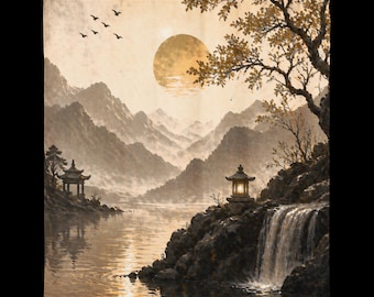 Golden Zen Waterfall Shower Curtain, Pagoda & Lantern Lake Scene, Misty Mountain Landscape Bath Decor, 71x74" Water-Resistant Polyester Art