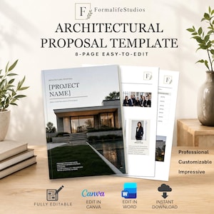 Op de afbeelding: Een architecturaal voorstelsjabloon met een voorpagina met een afbeelding van een modern huis en de tekst Architectural Proposal Project Name. Bevat extra pagina's met tijdelijke aanduidingen voor teamfoto's en projectdetails.