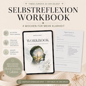 Könnte beinhalten: Ein digitales Arbeitsbuch mit dem Titel "Selbstreflexion Workbook" mit dem Text "4 Wochen für mehr Klarheit". Das Cover zeigt eine Silhouette eines Kopfes mit einer Landschaft im Inneren. Enthält ein tägliches Check-in-Blatt.