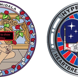 May include: Two circular designs. One features a woman in a stained-glass style with the text "Padmé Amidala" and a red box with text. The other is a silver coin with a spaceship design, the text "Hyperspace" and "Heartbreak Collection".