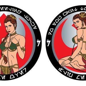 May include: Two circular illustrations feature a woman in a green and gold bikini, set against a red and gray background with the Rebel Alliance symbol. The illustrations are surrounded by text in a stylized font.