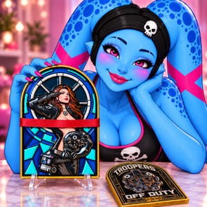 May include: A rectangular metal sign featuring a female pilot in a black flight suit saluting, set against a blue stained-glass style background. Beside it lies a black and gold shield-shaped plaque with the text TROOPERS OFF DUTY.