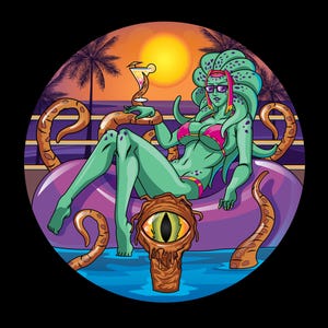 May include: A circular graphic illustration featuring a green-skinned creature with tentacle hair and sunglasses, wearing a pink bikini, lounging on a purple inflatable ring in water. A brown, single-eyed creature emerges from the water below.