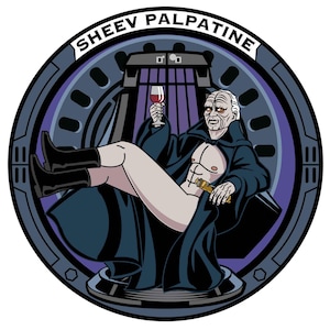 May include: A cartoon illustration of Sheev Palpatine, seated in a chair, holding a glass of wine and a cigar. The image is set within a circular frame with the text "SHEEV PALPATINE" at the top. The character is depicted with a shirtless torso and black boots.