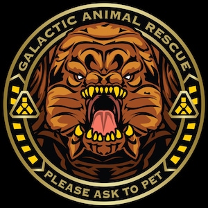 May include: A circular graphic with a brown, snarling creature at the center, surrounded by text that reads "GALACTIC ANIMAL RESCUE" and "PLEASE ASK TO PET". The design includes gold and yellow accents on a black background.