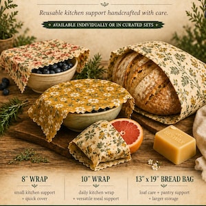 May include: Beeswax wraps and bread bags with floral and patterned designs. The image shows various sizes, including an 8-inch wrap, a 10-inch wrap, and a 13 x 19-inch bread bag. A bar of beeswax is also visible.
