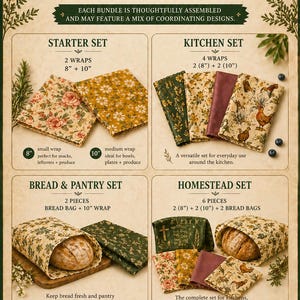May include: An advertisement for Earth & Bloom reusable food wraps and bread bags. The image displays various sets, including a starter set with 8" and 10" wraps, and a kitchen set with 8" and 10" wraps. The sets feature floral and patterned designs.
