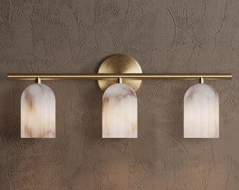 Alabaster Brass Vanity Light | 3-Light Mid Century Modern Sconce, Stone Shade Fixture