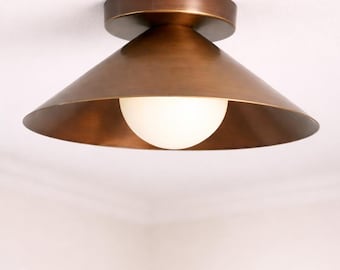 Mid Century Modern Brass Flush Mount Ceiling Light Vintage Cone Shade Fixture