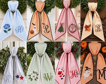 Custom All-season Monogram Bow Wreath Sash Bundle, Choose 4 or 8 set, Personalized Halloween Christmas Bow, Holiday & Everyday Door Decor